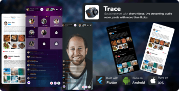 Trace social network with reels, video and audio rooms, live streaming